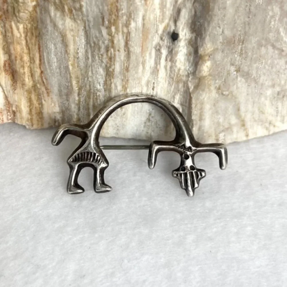 Vintage Sterling Silver 925 Southwest Yei Kachina Figural Stampwork Brooch Deity
